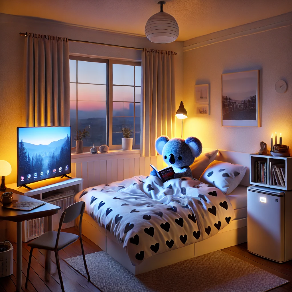 Cozy furnished guest room with smart TV, mini-fridge and a cuddly koala on the bed